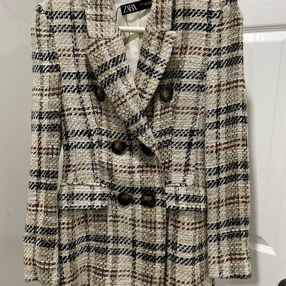 Zara Women's Checkered Tweed Blazer - Black, White, Brown